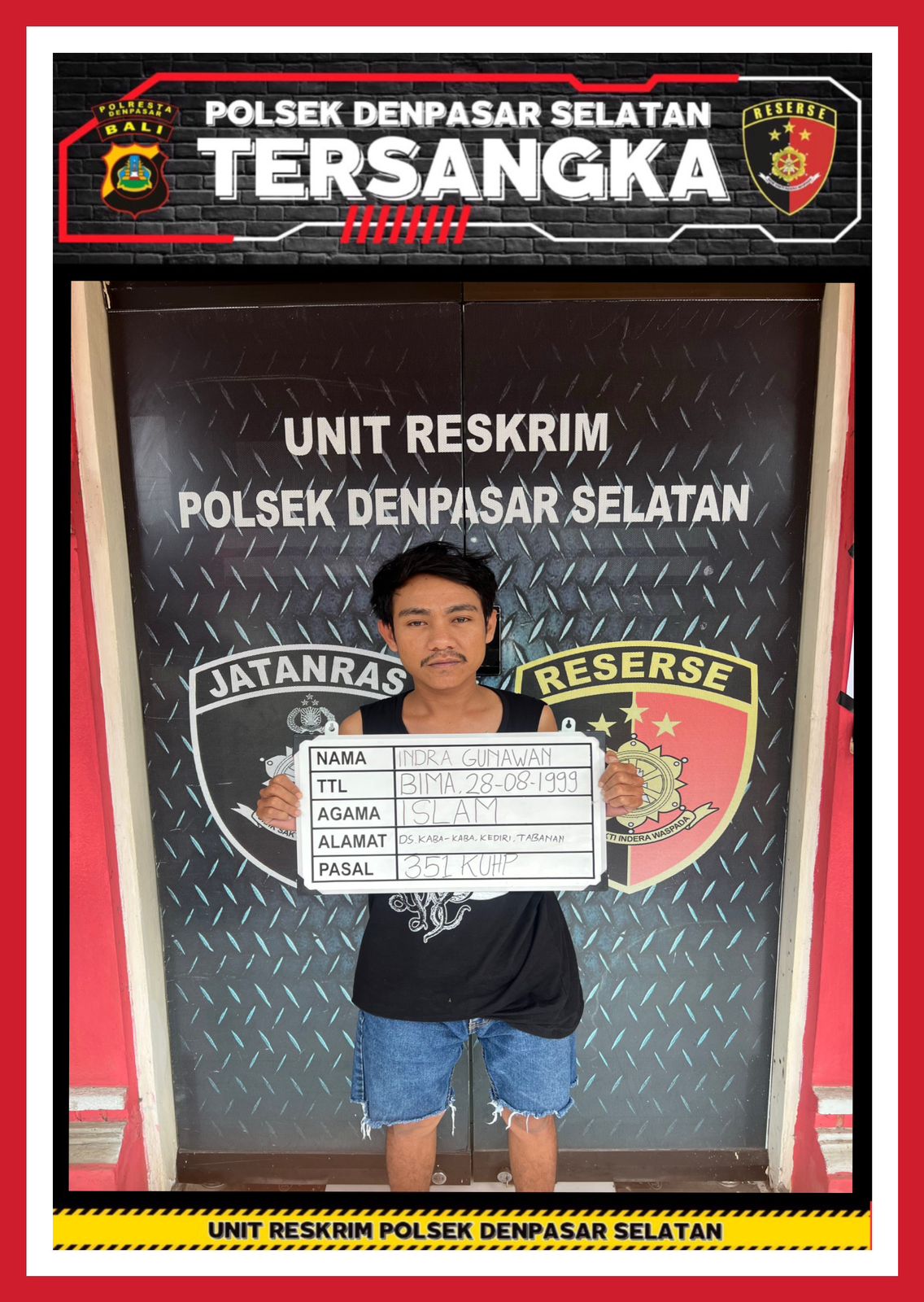 Pelaku penusukan bernama Indra Gunawan ditangkap Polsek Denpasar Selatan. (Bali Express/Istimewa)