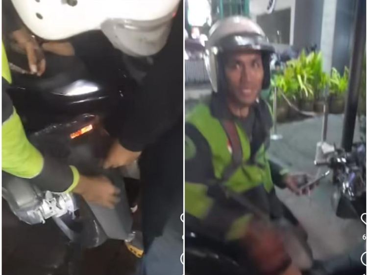 Sejumlah petugas Jagabaya Canggu melakukan pemeriksaan terhadap ojol yang tidak pakai plat kendaraan