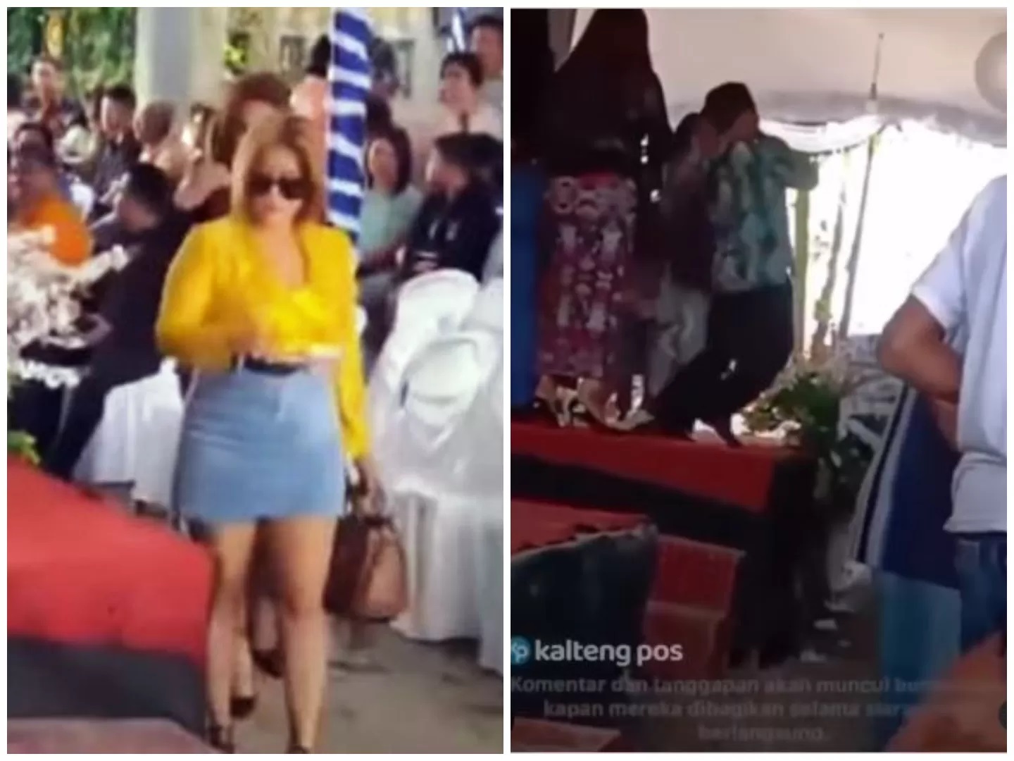 Amelia Santy (baju kuning) saat hadir di suatu acara dan potongan video saat kepala sekolah ditendang dari panggung karena hendak melecehkannya. (Foto: Instagram @kaltengpos)