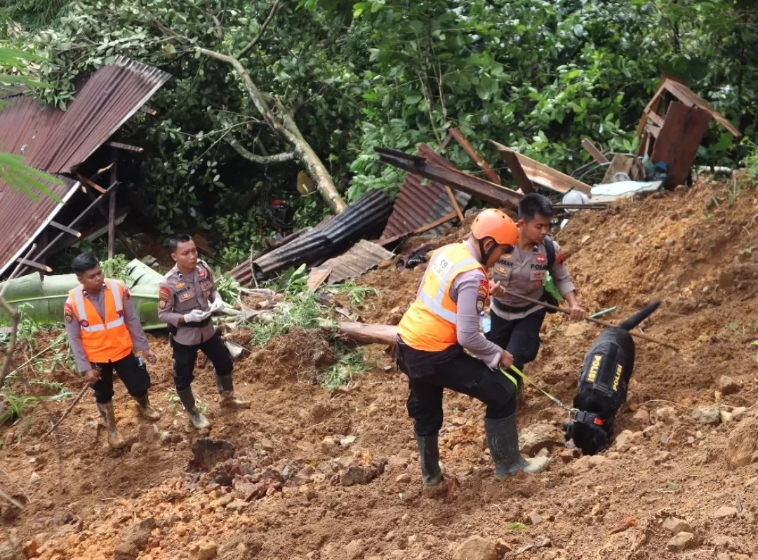 TIM K-9: Tim K-9 Polda Jateng mengevakuasi jenazah korban longsor dan banjir bandang di Pekalongan, Jateng.