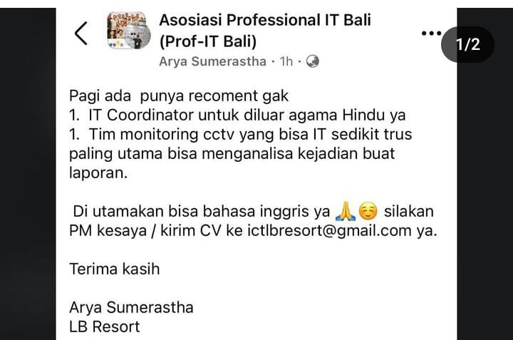 Viral lowongan kerja di Bali yang diduga diskriminatif terhadap Agama Hindu