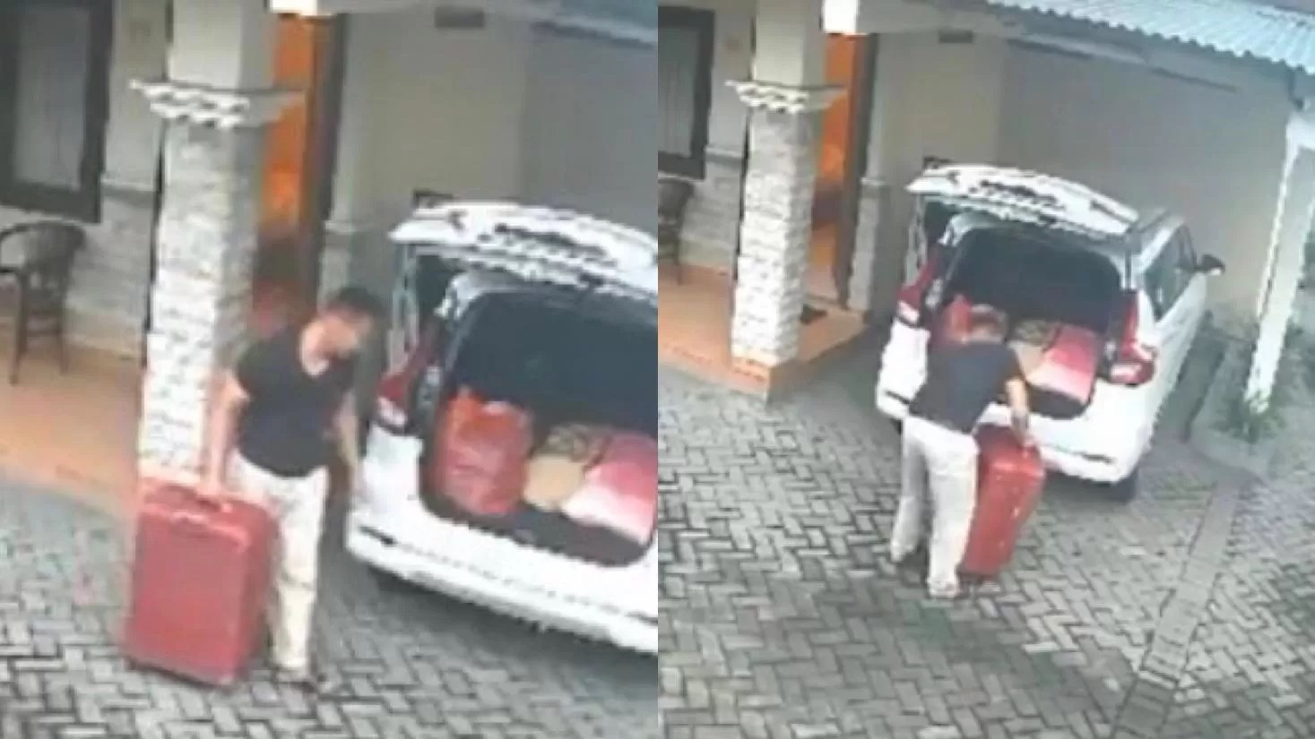 Tangkapan layar CCTV tersangka membawa koper merah berisi jasad korban yang telah dimutilasi. (Foto: X @riza_ari1945)