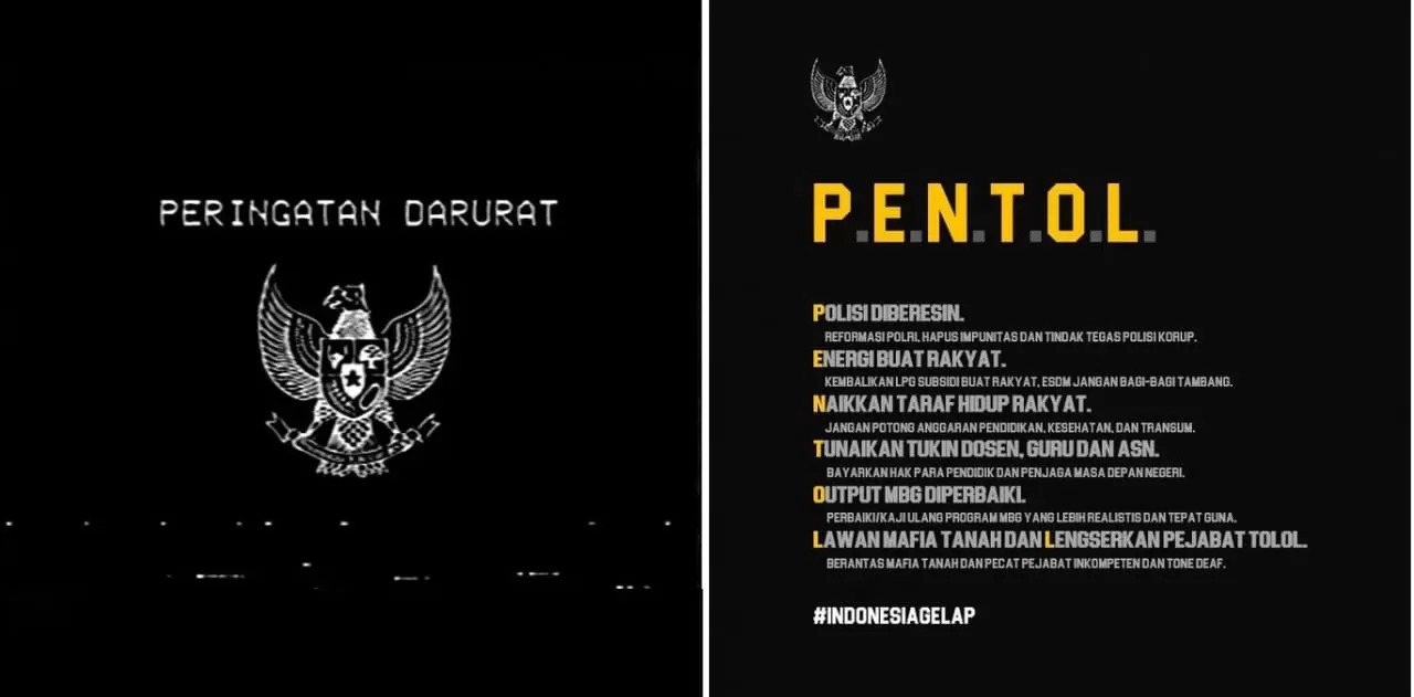 DARURAT: Peringatan Darutat, Garuda berlatar belakang hitam dan gerakan PENTOL guncang media sosial. Ada 6 tuntutan yang diajukan atas nama rakyat.