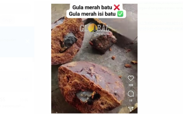 Tangkapan layar penemuan gula merah berisi batu