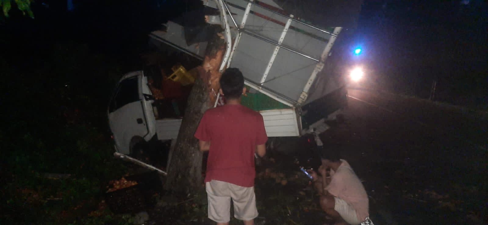 TERJUN KE SELOKAN : Kendaraan  Isuzu Trada nopol L 8157 DAA usai mengalami kecelakaan tunggal Jalan Utama Denpasar Gilimanuk, Banjar Anyarsari, Desa Nusasari, Kecamatan Melaya, Kabupaten Jembrana.