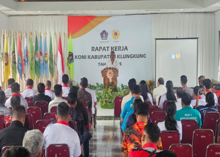 Komite Olahraga Nasional Indonesia (KONI) Kabupaten Klungkung menggelar Rapat Kerja (Raker) tahun 2025 di Gedung KNPI Klungkung, Jumat (14/2/2025).