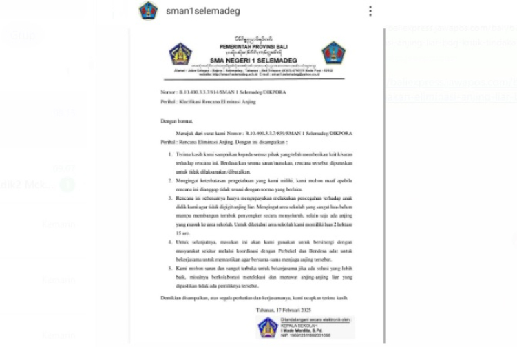 Surat klarifikasi pembatalan eliminasi anjing liar