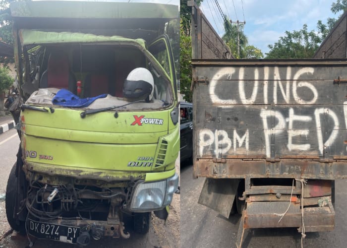 RINGSEK : Kondisi truk usai terlibat kecelakaan beruntun di depan Pura Goa Lawah, Klungkung.