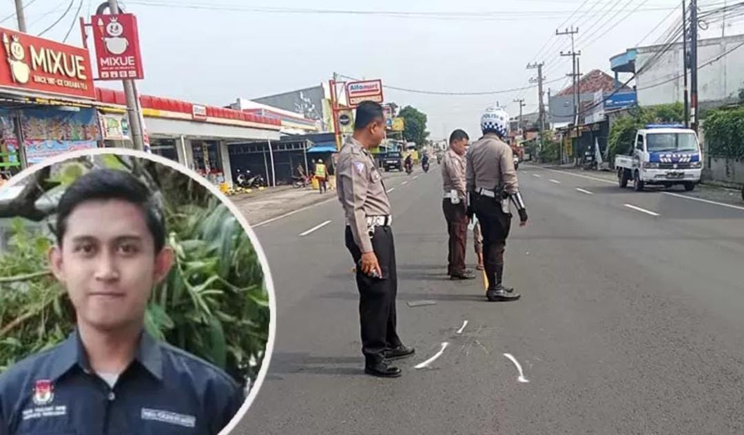 Petugas kepolisian saat melakukan olah TKP di jalan raya Leces. Inset korban semasa hidup.