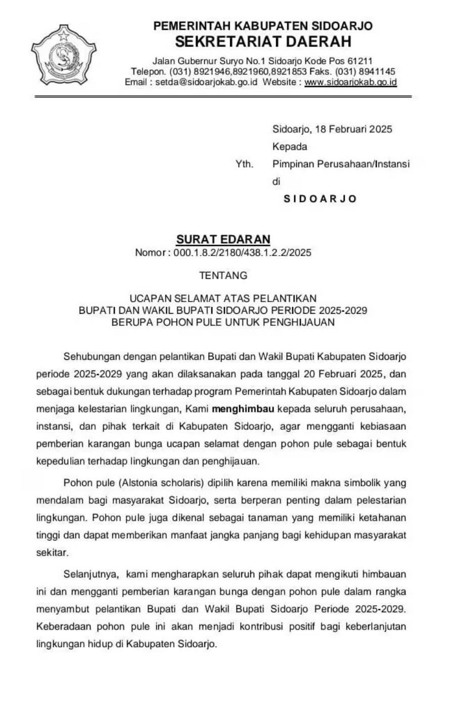Penggalan surat edaran Pemkab Sidoarjo terkait ucapan selamat dengan pohon pule.