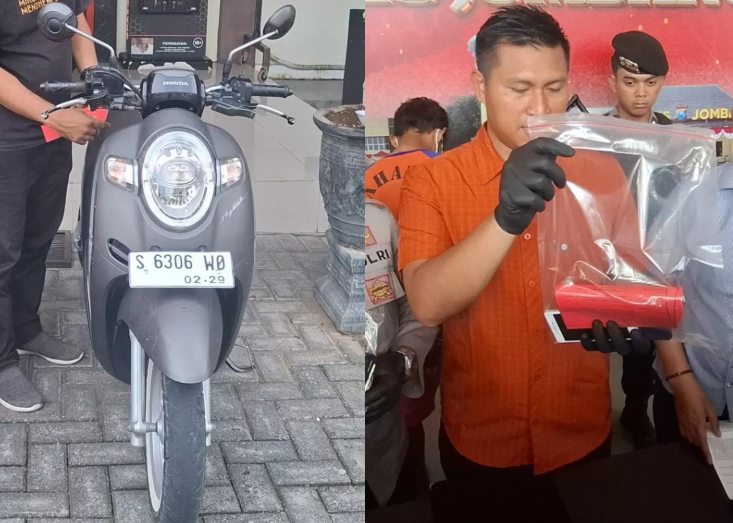 Barangbukti motor dan handphone milik korban pembunuhan dan mutilasi di Jombang yang diambil pelaku