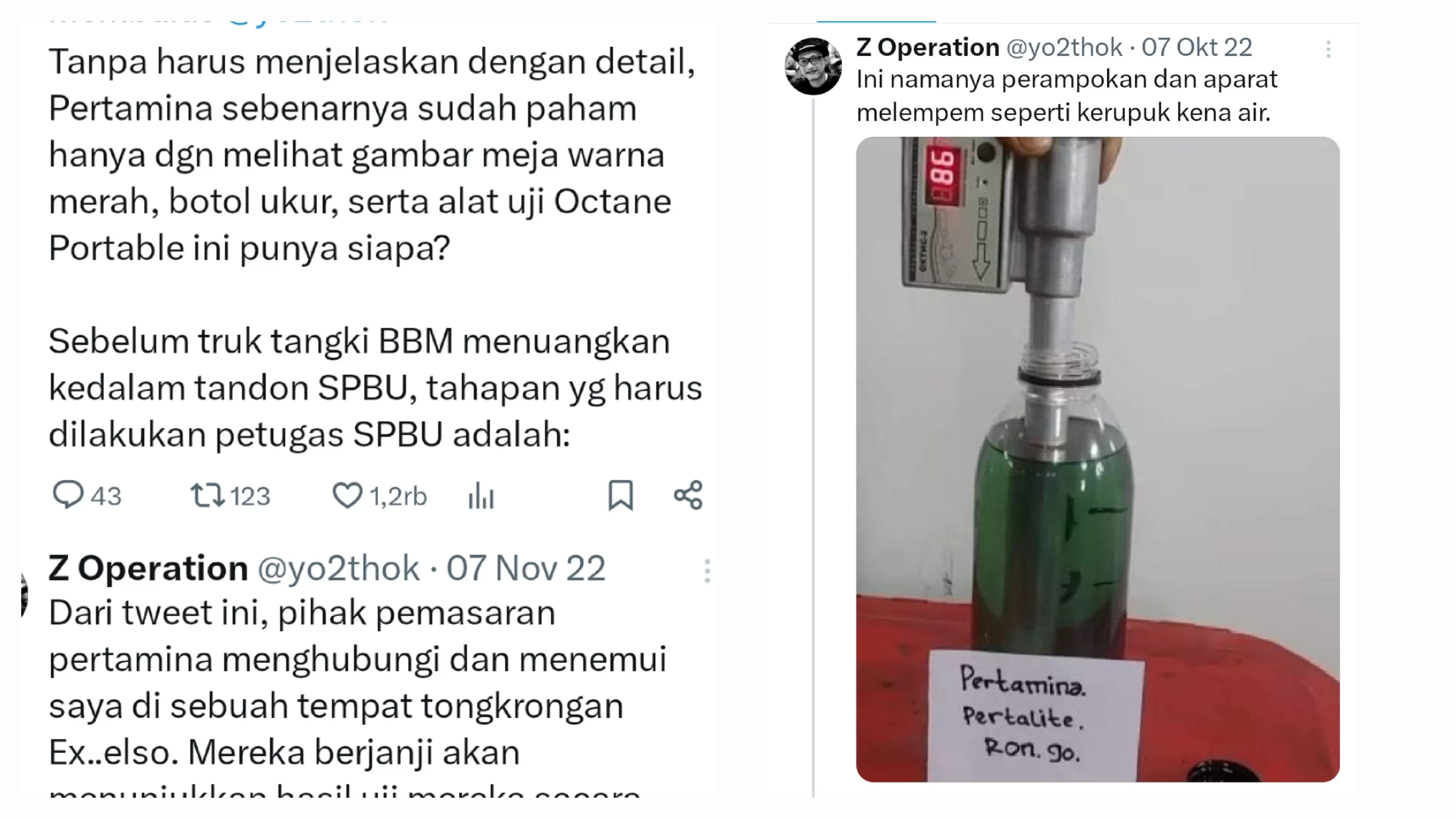 TERBUKTI: Unggahan di platform X (sebelumnya Twitter), akun @yo2thok yang mengklaim telah menguji kadar oktan Pertalite menggunakan alat uji otomatis.