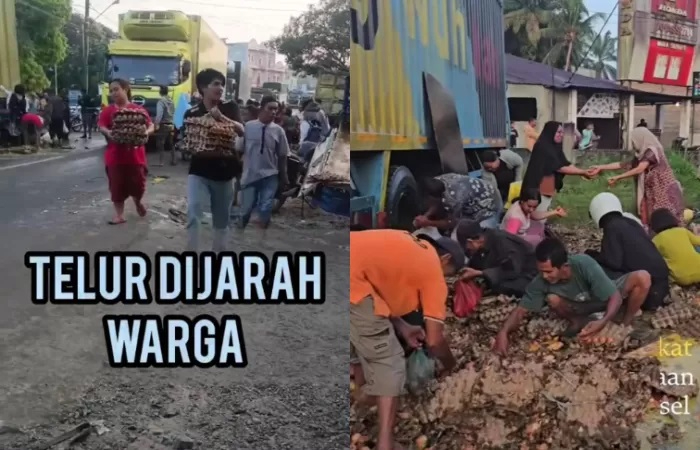Sejumlah warga tampak menjarah telur di lokasi kecelakaan