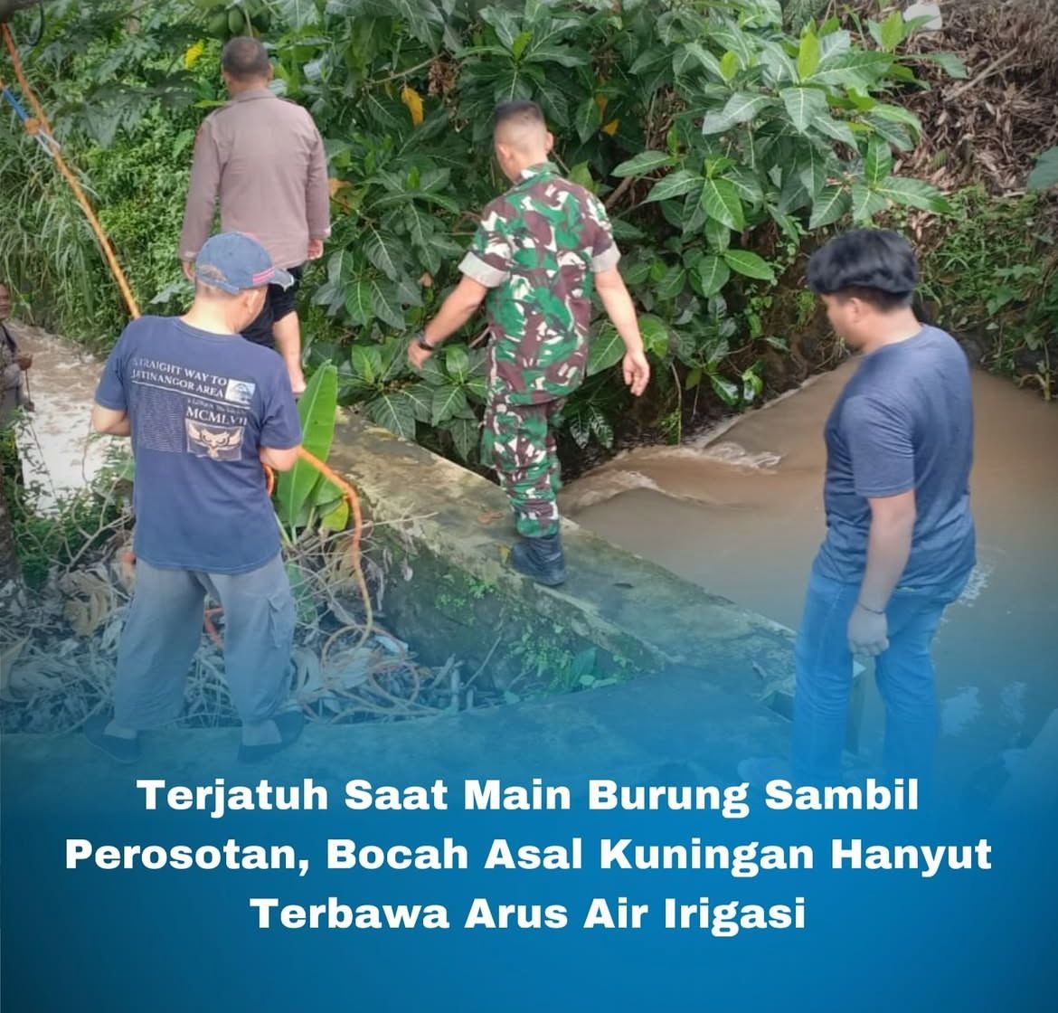 PENCARIAN: Proses pencarian bocah yang terbawa arus air irigasi oleh aparat dan masyarakat