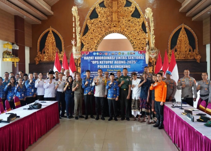 Polres Klungkung menggelar Rapat Koordinasi Lintas Sektoral "OPS Ketupat Agung-2025" di Aula Jalaga Dharma Pandhapa Polres Klungkung, Senin (17/3/2025).