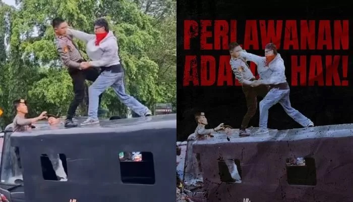 Duel satu lawan satu polisi dan seorang pria di atas mobil dalmas. (X/ NenkMonica )