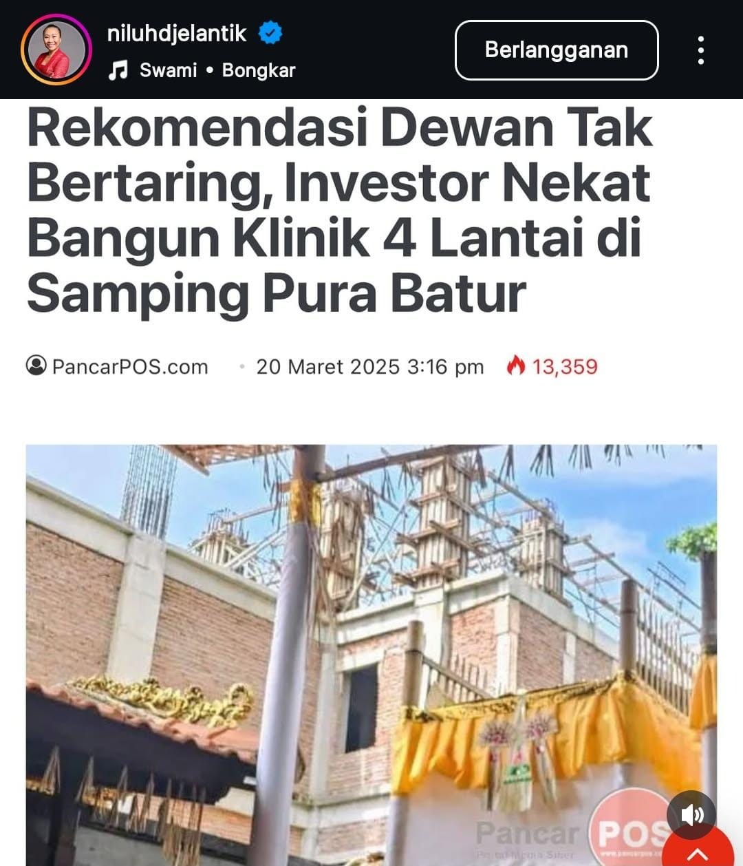 PRIHATIN: Tangkapan layar kekhawatiran senator DPD/MPR RI Bali, Niluh Djelantik, terhadap proyek klinik yang dianggap melanggar aturan kawasan suci di Bali.