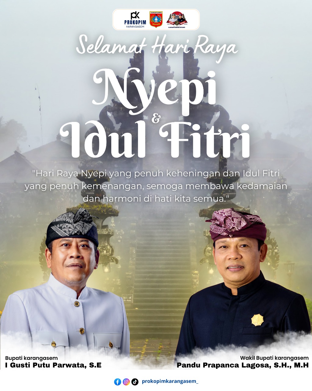 SELAMAT NYEPI: Bupati Gusti Putu Parwata dan Wabup Pandu Prapanca Ucapkan Selamat Hari Raya Nyepi Caka 1947.