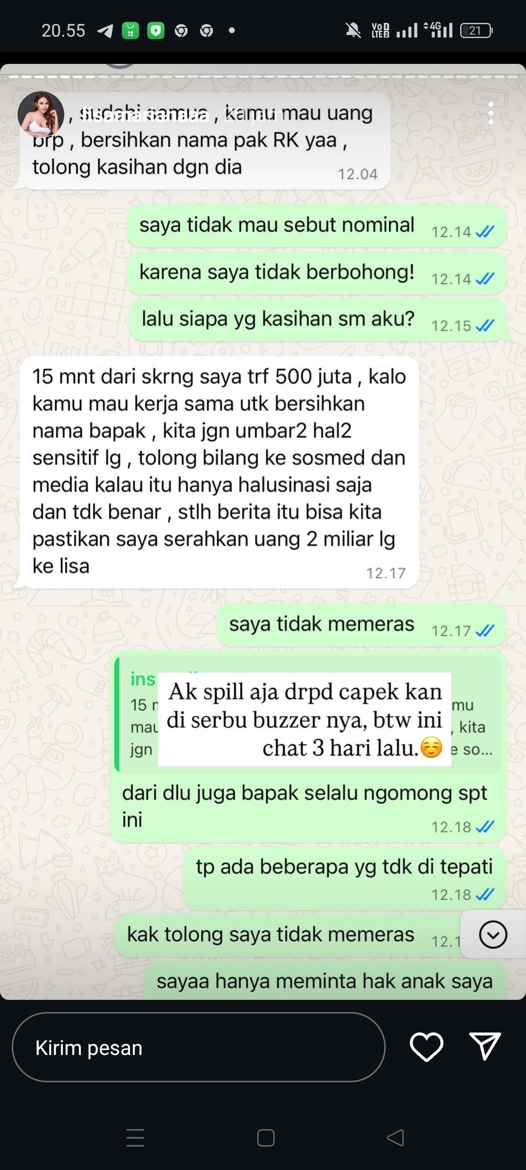 Isi chat ibu Cinta dan Lisa Mariana (Instagram.com/@lambegosip)