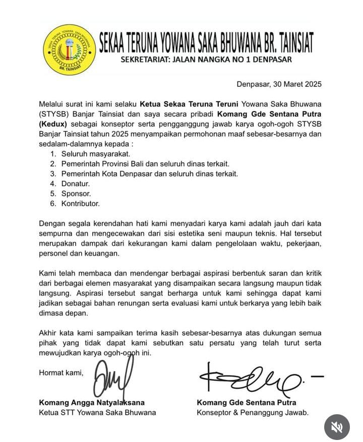 Sekaha Teruna Teruni Yowana Saka Bhuwana Banjar Tainsiat minta maaf