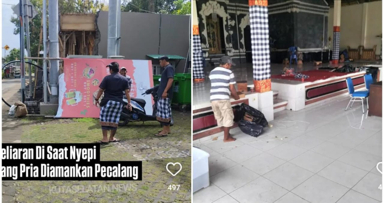 Seorang pria dihukum membersihkan balai banjar usai berkeliaran saat Nyepi