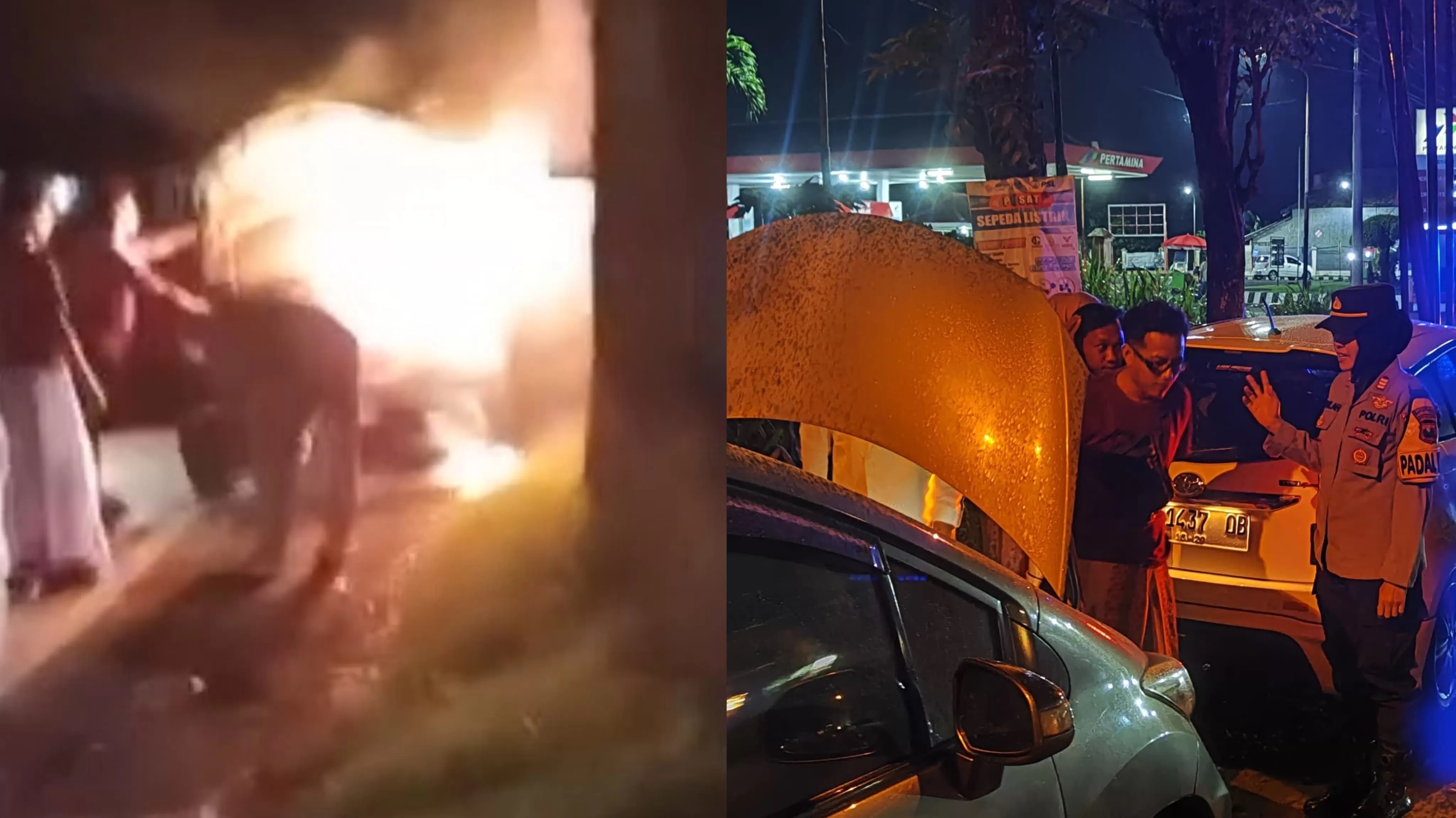 Kondisi mobil pemudik yang terbakar di depan SPBU Tembelang, Jombang Rabu malam (Istimewa)