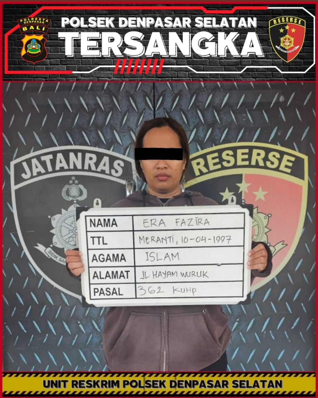 Tersangka Era Fariza diamankan polisi saat bersembunyi di lahan kosong dekat pemukiman warga. (Bali Express/Istimewa)