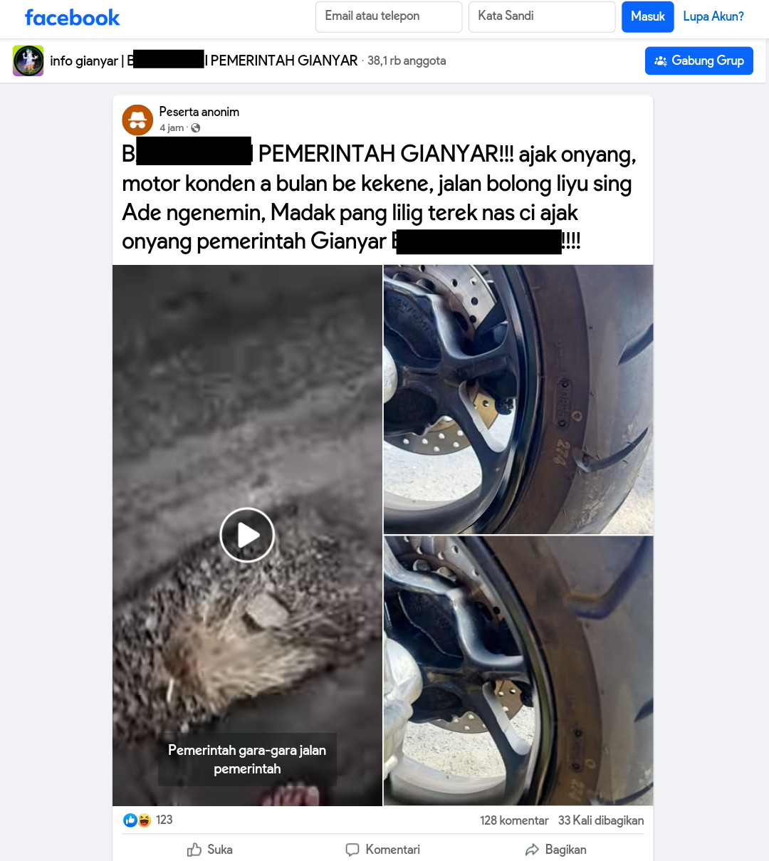 Postingan akun facebok yang geram dengan Pemerintah Gianyar.
