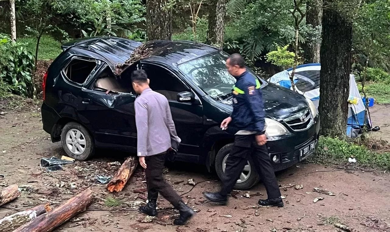 Kondisi mobil yang tertimpa dahan pohon pinus yang lapuk di kawasan Sekipan, Tawangmangu, Jumat (4/4/2025).