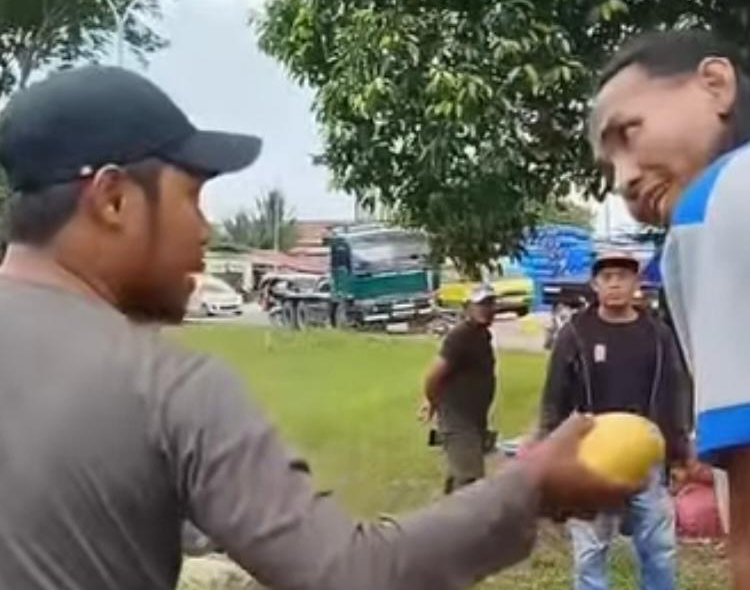 Seorang pria marah-marah saat ditegur mengambil buah mangga dari kecelakaan truk