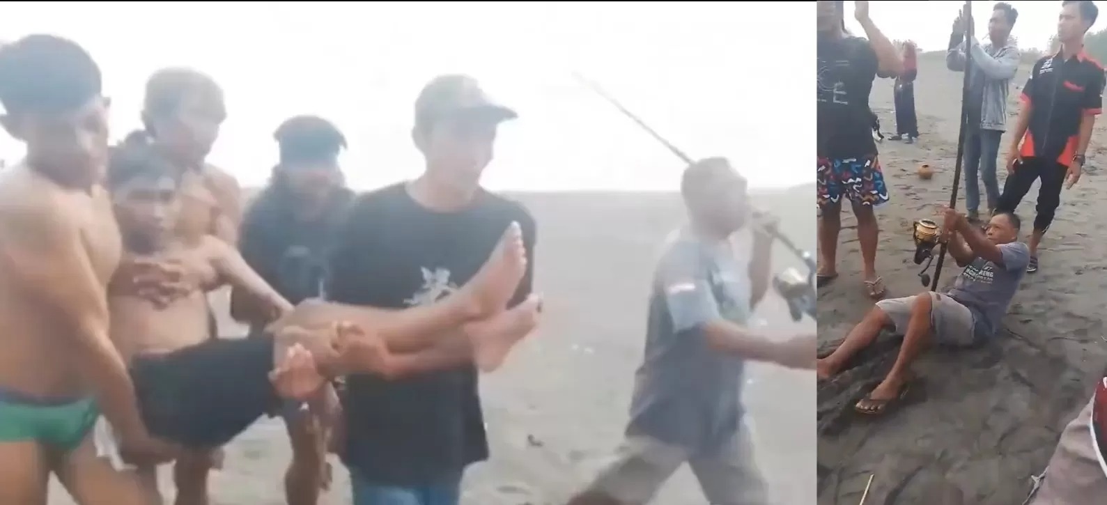 HEROIK: Aksi heroik pemancing di Pantai Ketawang, Purworejo menyelamatkan seorang wisatawan yang terseret ombak menggunakan drone dan joran pancing.