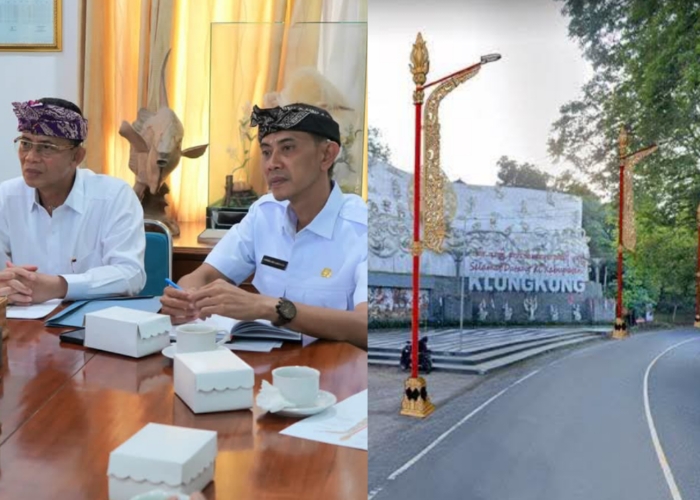 RENCANA : (KIRI) Bupati Klungkung I Made Satria dan Wakil Bupati Tjokorda Gde Surya Putra, mengikuti Rapat pemaparan di Kantor Bupati Klungkung. (KANAN) Gambar rencana pemasangan LPJU antik.