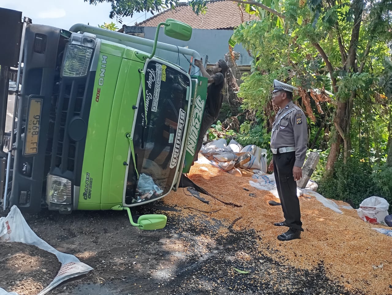 Truk pengangkut jagung kering terguling di ujung barat jalan kembar Desa Bale Agung Kecamatan Selemadeg Timur.