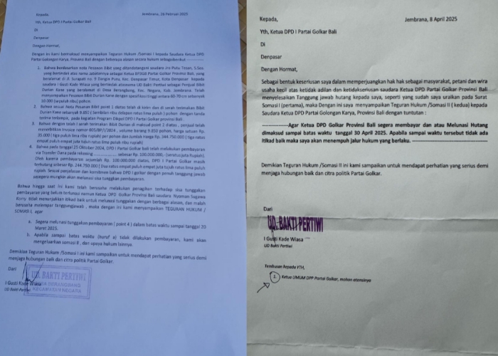 PERINGATAN : Somasi I dan II yang dilayangkan UD Bakti Pertiwi kepada Golkar Bali.