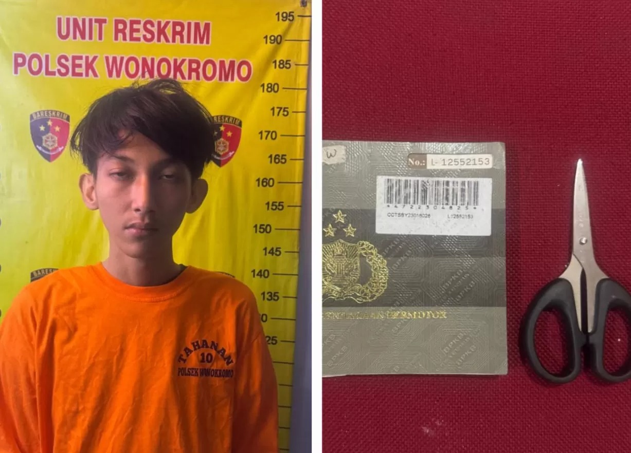 LICIN : Tersangka M Abdul Latip dan barang bukti pencurian motor di Jalan Karangan, Surabaya, Selasa (29/4).