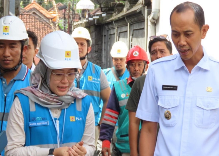SOSIAL :Manager PLN UP3 Bali Timur  Imadya Nareswari (rompi biru, tengah) memberikan penjelasan kepada Wakil Bupati Klungkung Tjokorda Gde Surya Putra (baju putih, tengah) terkait Program LUTD di PLN.