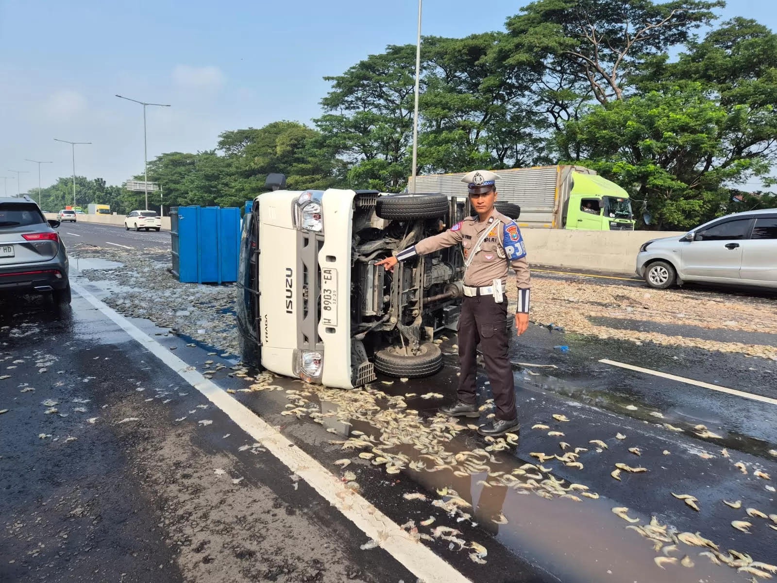 APES: Pikap terguling setelah ban meletus di Tol Sidoarjo, Kamis (8/5).