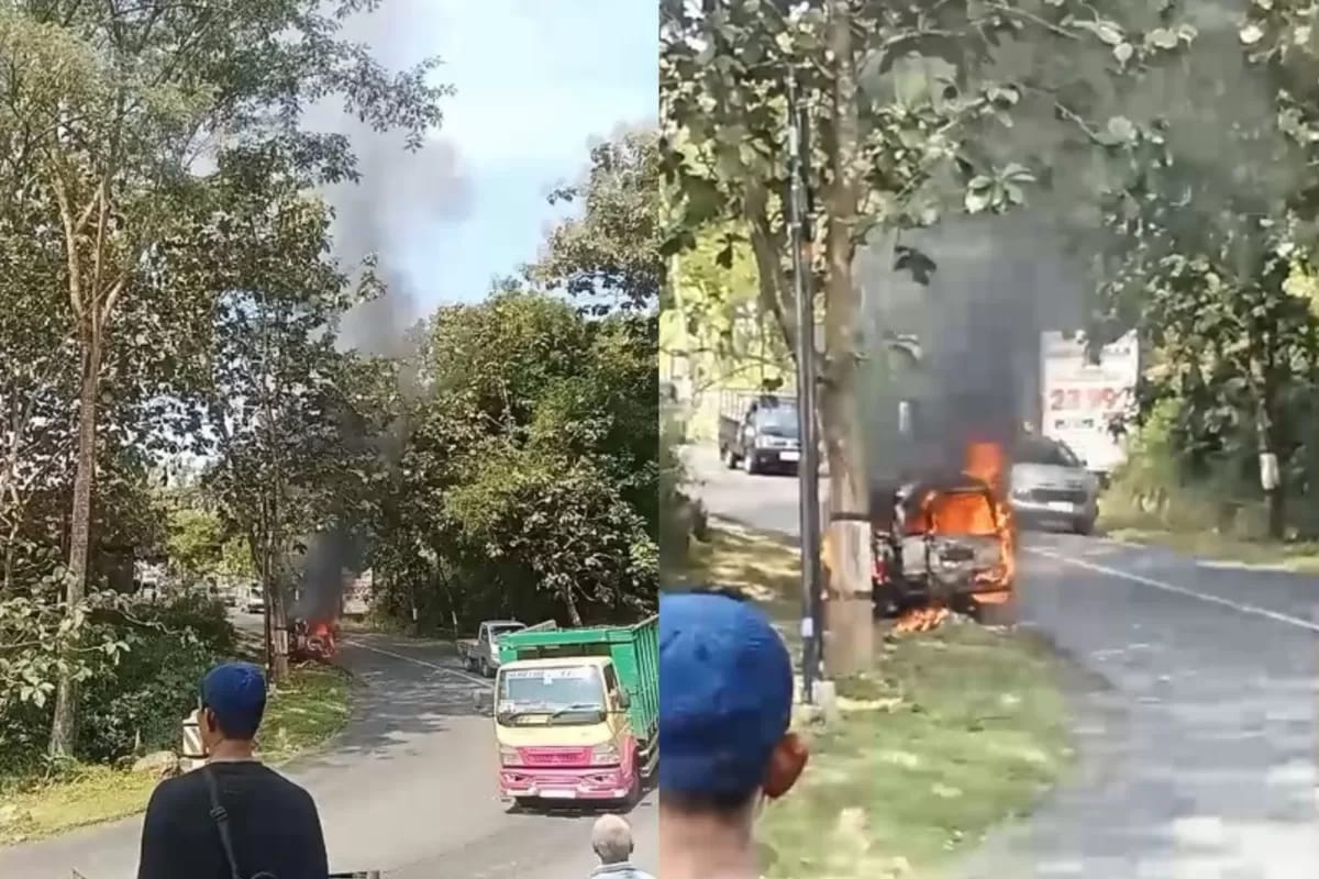 Sebuah mobil terbakar di wilayah Desa Tremes, Kecamatan Sidoharjo, Kabupaten Wonogiri, pada Rabu pagi (14/5/2025) sekitar pukul 09.30 WIB (RADAR SOLO/ Iwan Adi Luhung)