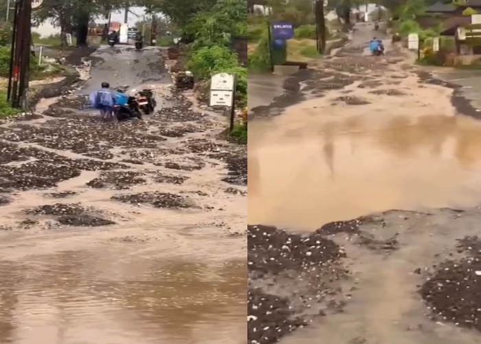 MEMPRIHATINKAN: Kondisi Jalan Toya Ning II, Desa Ungasan, Kuta Selatan yang memprihatinkan setelah hujan deras