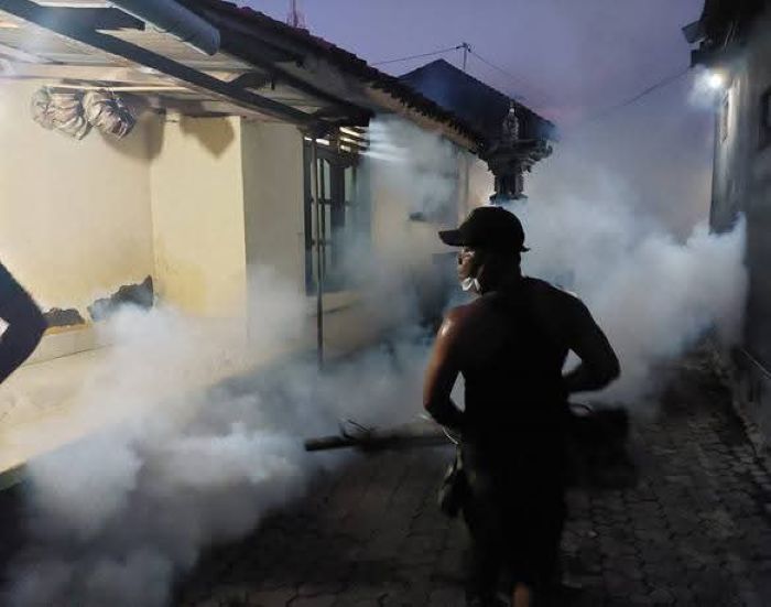 Petugas Dinas Kesehatan sedang melakukan pemberantasan sarang nyamuk di rumah warga.