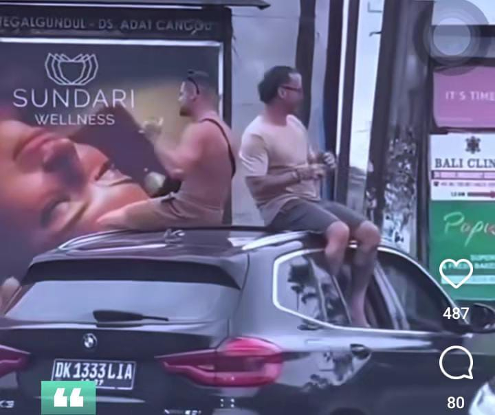 Dua bule naik ke kap mobil dalam keadaan melaju