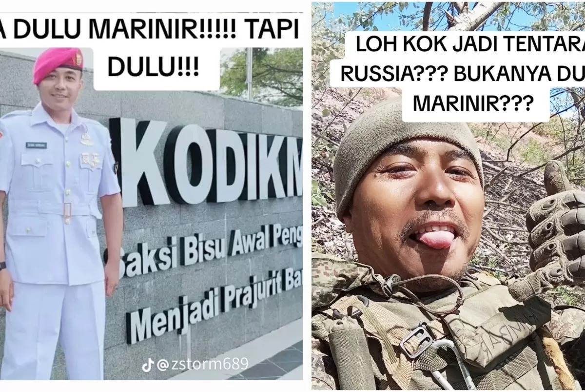Unggahan TikTok @zstorm689 yang memperlihatkan dua identitas Satria Arta Kumbara, berseragam TNI AL dan militer Rusia.