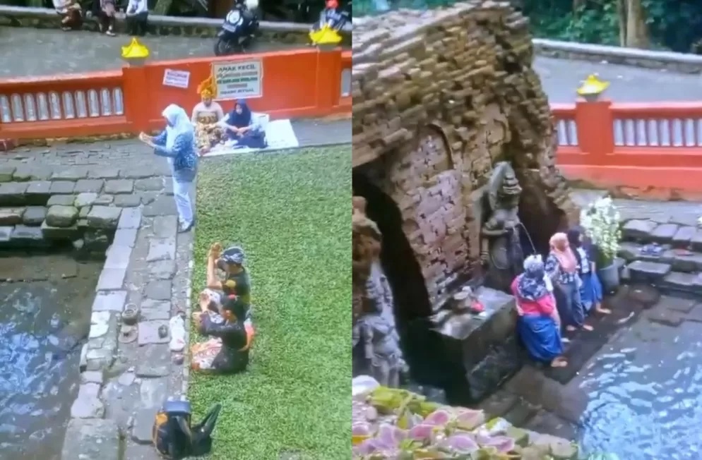 Tangkapan layar video viral sekelompok emak-emak berkerudung terlihat berfoto di tempat ibadah orang Hindu saat mereka sedang sembahyang. (TikTok/@Sut@wijaya)