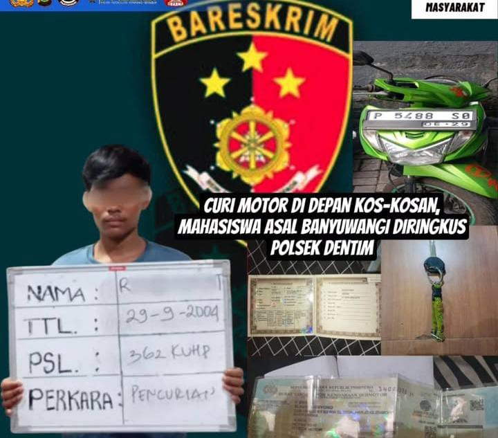 Curi Motor di Depan Kos, Mahasiswa Asal Banyuwangi Diringkus Polsek Denpasar Timur
