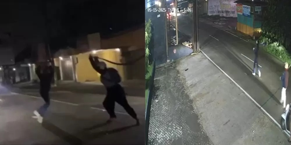 Foto kiri, duel antara 2 geng di Grogol Sukoharjo yang disiarkan live di medsos. Foto kanan, rekaman CCTV anggota geng sebelum berduel. Mereka membawa sajam jenis corbek. (ISTIMEWA)