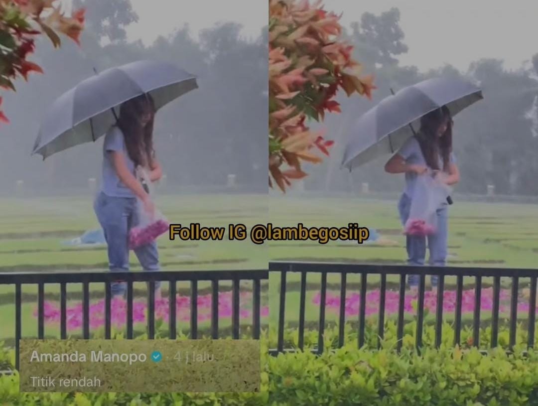HUJAN DERAS:  Momen artis cantik Amanda Manopo berziarah ke makam ibunda di tengah hujan deras.