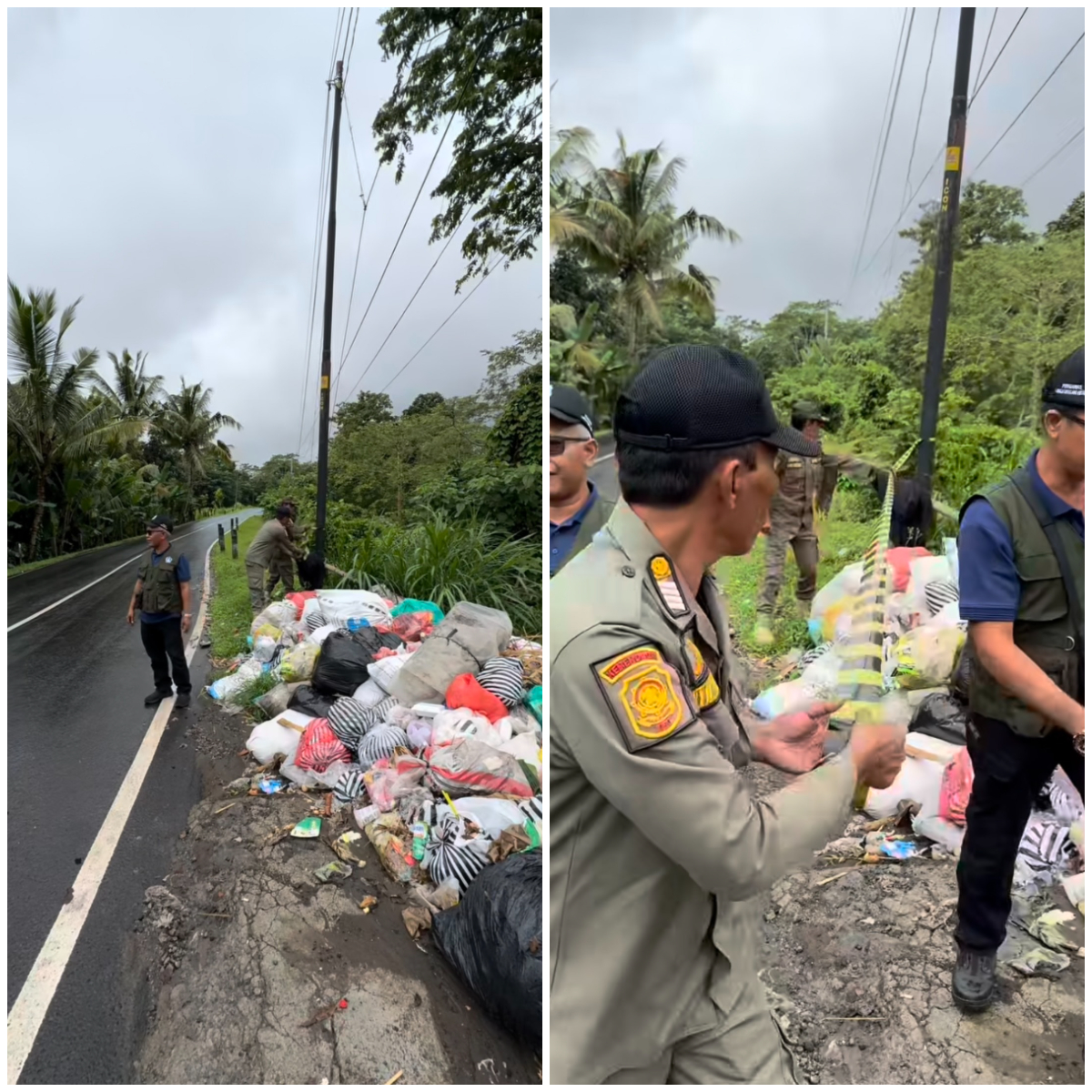 emasangan Pol PP Line oleh Satpol PP Badung setelah TPA liar di Petang ditutup, Sabtu (7/6).