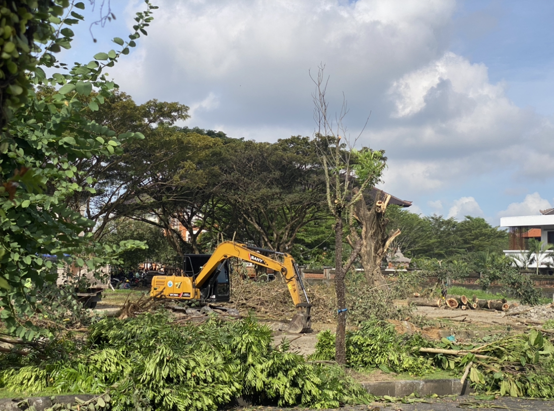 PEMBERSIHAN: Satu ekskavator melakukan pembersihan lahan untuk pembangunan gedung baru DPRD Badung.