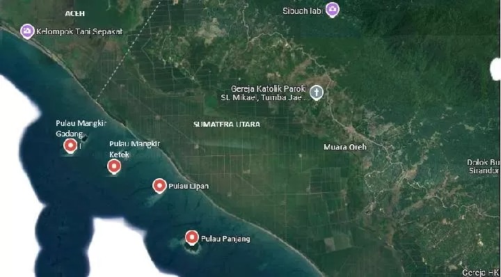 Peta empat pulau di Provinsi Aceh yang sempat memicu polemik karena dimasukkan ke Provinsi Sumatera Utara.