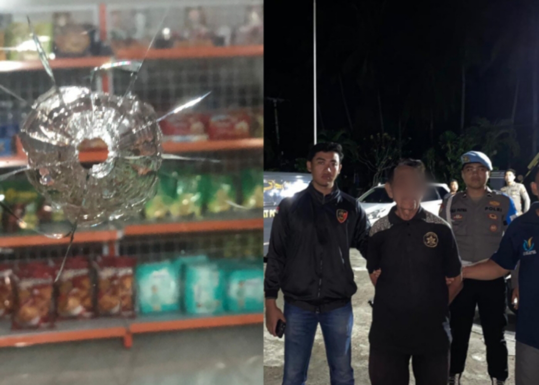 AKSI KOBOI : (kiri) bekas tembakan senapan angin. (kanan) Pelaku saat diamankan oleh polisi.